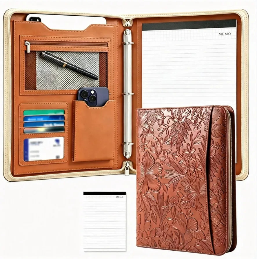 A4 Zippered Portfolio Organizer with 3-Ring Binder, Tablet Sleeve, Card Slots, Phone Pocket and Memo Pad