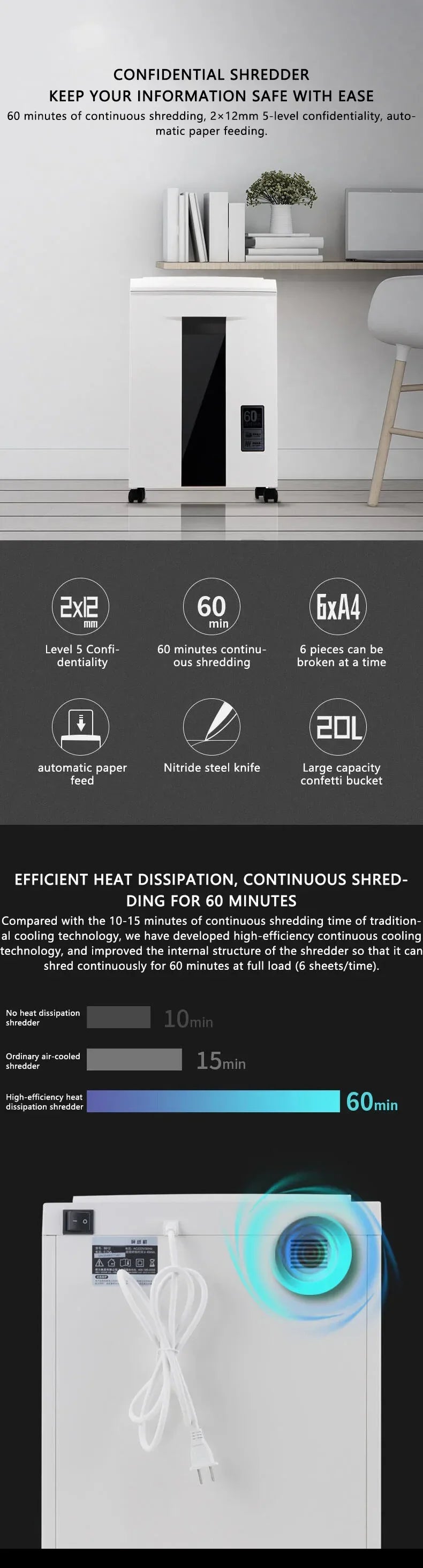 Hot Sale 20L Electric Shredder 2*12mm High Power 5 Level Secret Continuous 40 Minutes Work Office Home Paper Grinder Crusher Des