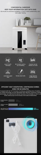 Hot Sale 20L Electric Shredder 2*12mm High Power 5 Level Secret Continuous 40 Minutes Work Office Home Paper Grinder Crusher Des