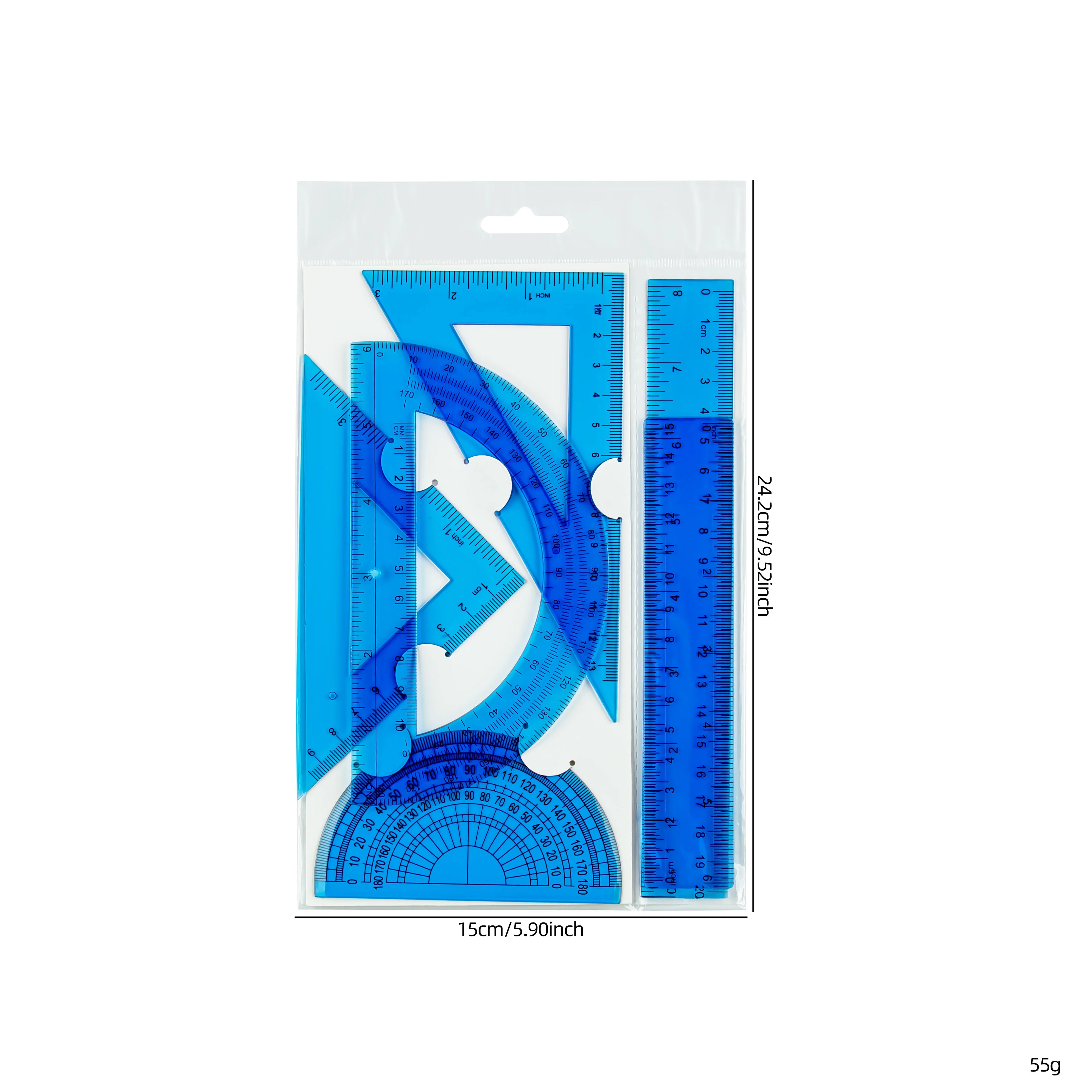 6-Piece Ruler Set - Includes Straight Rulers, Protractor, and Triangles for Accurate Measuring and Drafting
