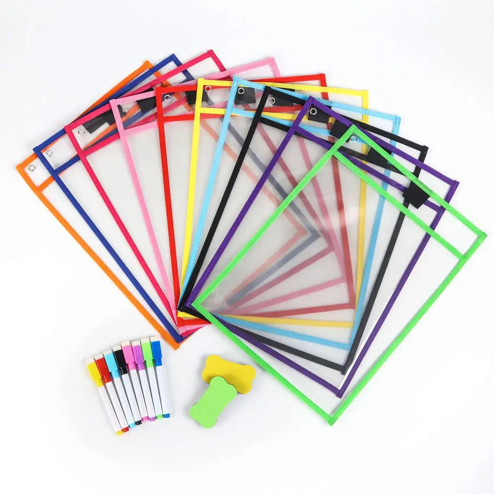Waterproof Document Storage Pouch Reusable Dry Erasable File Bag Kids Transparent Diy Pockets Hanging File For Teaching Supplies