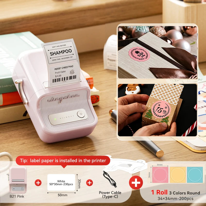 NiiMbot B21 Mini Thermal Printer Wireless Barcode Label Maker Bluetooth Portable Adhesive Label Printers for Office Commercial