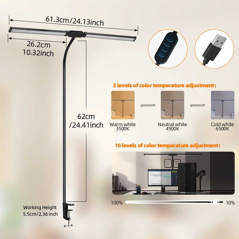 Double Head LED Desk Lamps Led Computer Monitor Light Stepless Dimmable USB Table Lamp for Office Study Reading Lighting Fixture