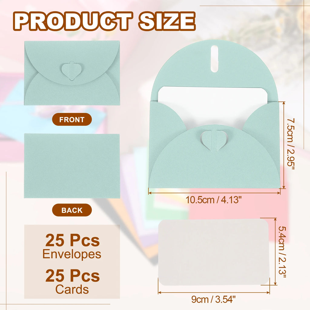 25Sets Mini Envelopes with Heart Clasp 9x5.4cm Blank Note Cards with 10.5x7.5cm Envelopes for Gift Wedding Invitation Graduation
