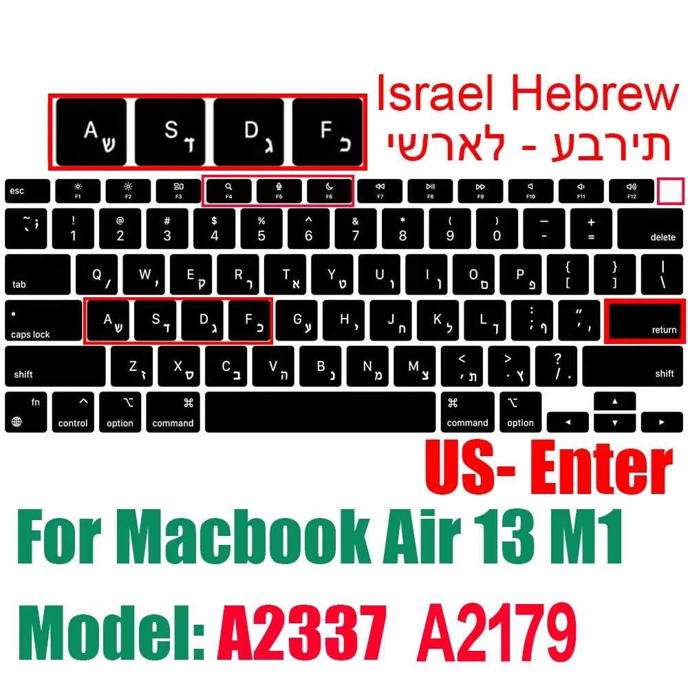 Hebrew Israel  Keyboard Cover for Macbook Pro14 A2442 Air13.6 M2 A2681 Pro13 M1 A2338 A2289 Waterproof Silicone protective film
