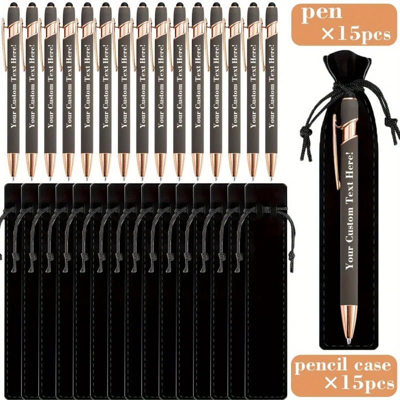 15Sets Customizable Engraved Metal Ballpoint Pens with Durable Case + 15pcs Custom Pen Bags - Bulk Writing Utensils for Business