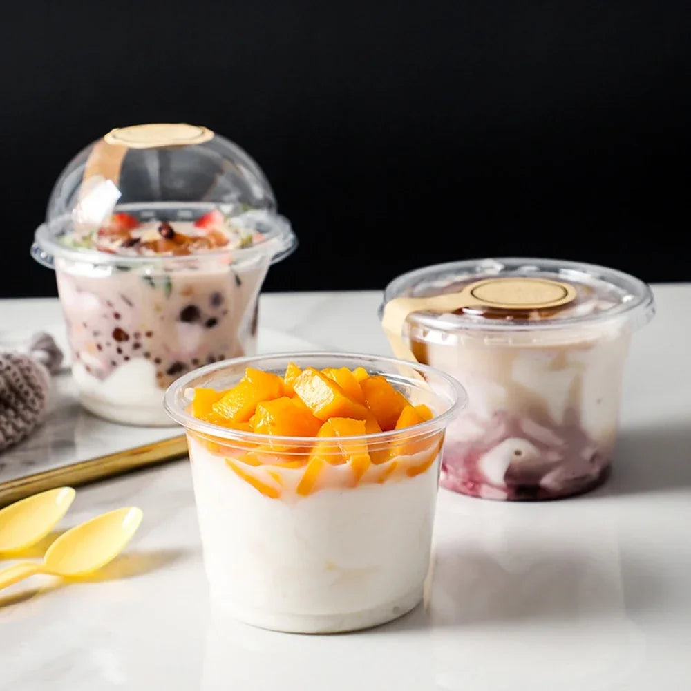 250ML Disposable Salad Cup 50/100Pcs Transparent Plastic Dessert Cups Bowls Container with Dome/Flat Lids for Ice Cream Cupcake
