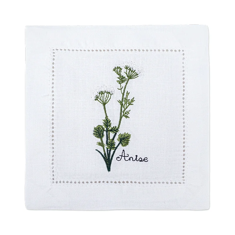 New Embroidered Herb Cocktail Napkin, Pure Linen, Lavender, Rosemary, Mint，Sage，Natural, Elegant, Tea Napkin, 15x15cm,