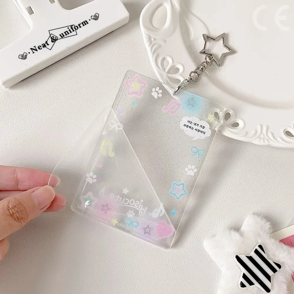 1PC Colorful Graffiti Love Glitter Card Sleeve Transparent Three-inch Mini Card Protector Key Chain Pendant Photo Holder