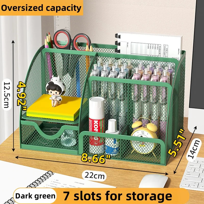 Desk Stationery Organizer Creative Metal Pen Holder Pencil File Storage Rack 7 Grid Storage Box Divided Container Office Access