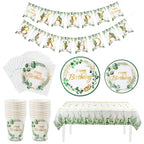 Green Eucalyptus Leaf Disposable Tableware Paper Plate Cup Napkin Banner Kids Adult Happy Birthday Birthday Party Decor Supplies