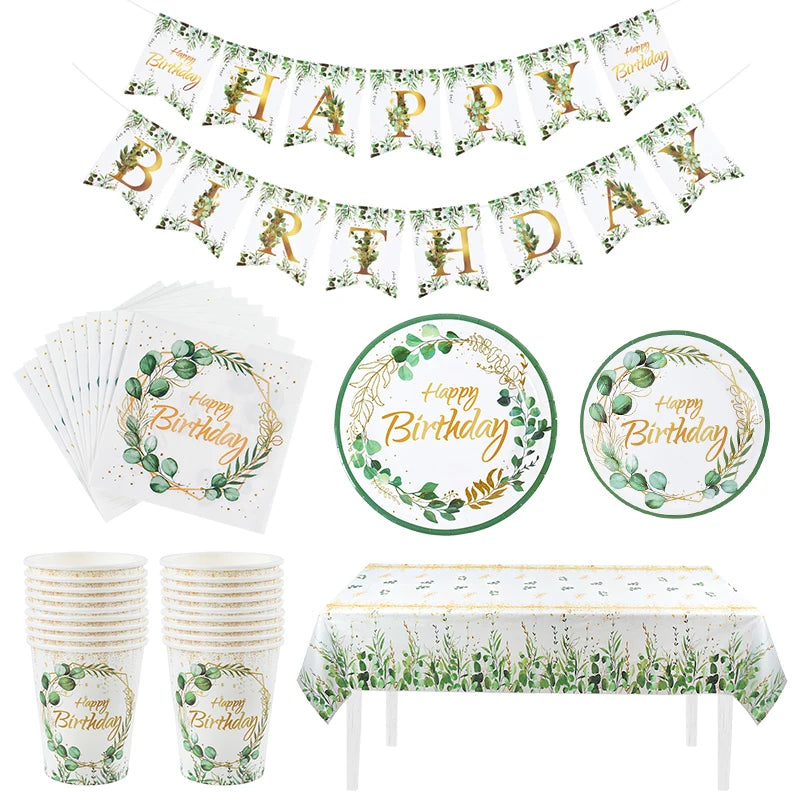 Green Eucalyptus Leaf Disposable Tableware Paper Plate Cup Napkin Banner Kids Adult Happy Birthday Birthday Party Decor Supplies