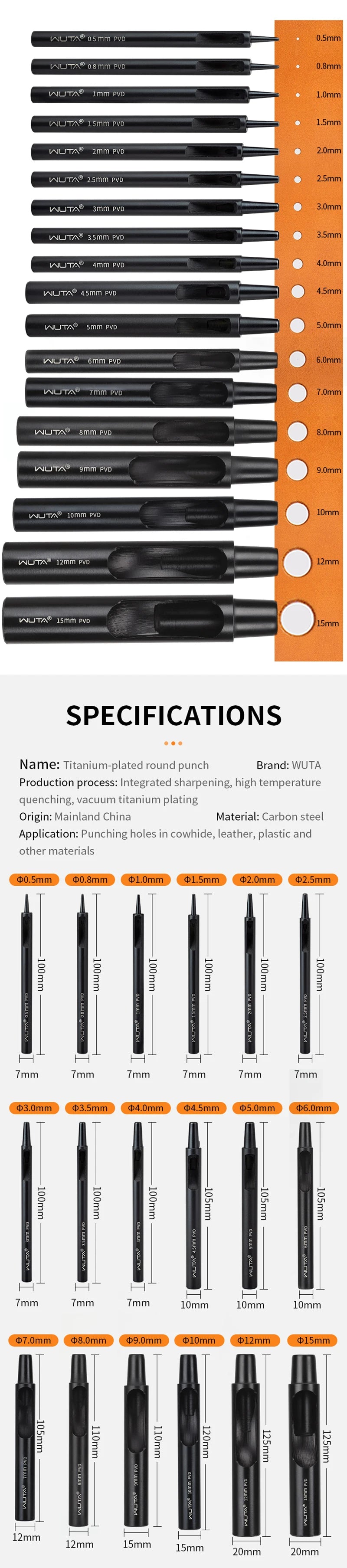 WUTA 1PC Leather Punching Tool Round Hole Hollow Puncher Black Titanium Plated Anti-rust DIY Craft Tool for Belt,Watch Band