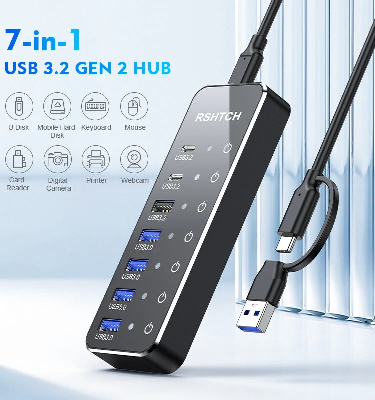 RSHTECH 7-Port Powered USB C Hub with 10Gbps USB-C 3.2 Ports Individual Touch Switches 5V/3A Power Adapter Laptop USB Splitter