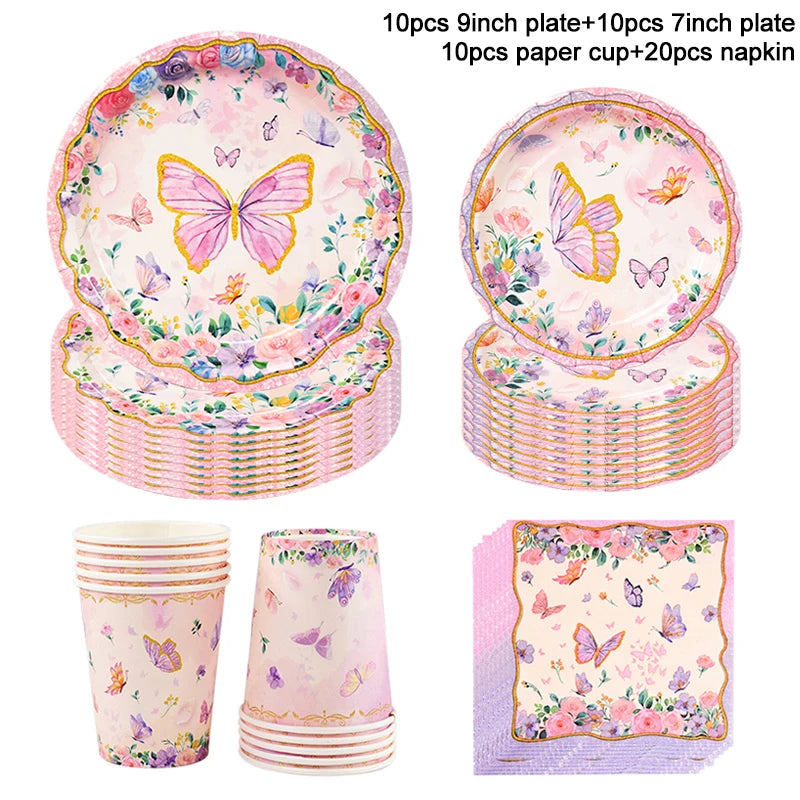 Butterfly Disposable Tableware Set Paper Plate Cup Napkins Pink Butterfly Birthday Party Decoration Baby Shower Wedding Supplies