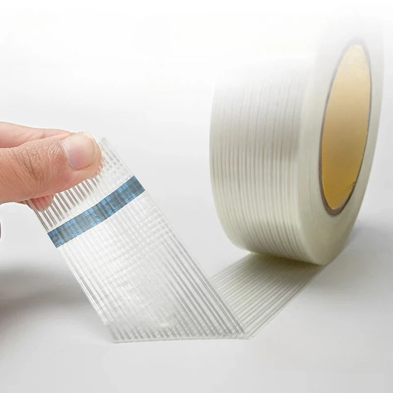 25m Striped Fiber Tape Transparent Single Side Adhesive Fiberglass Tape Insulation Wrap for Lithium Battery Pack Packaging Fixed