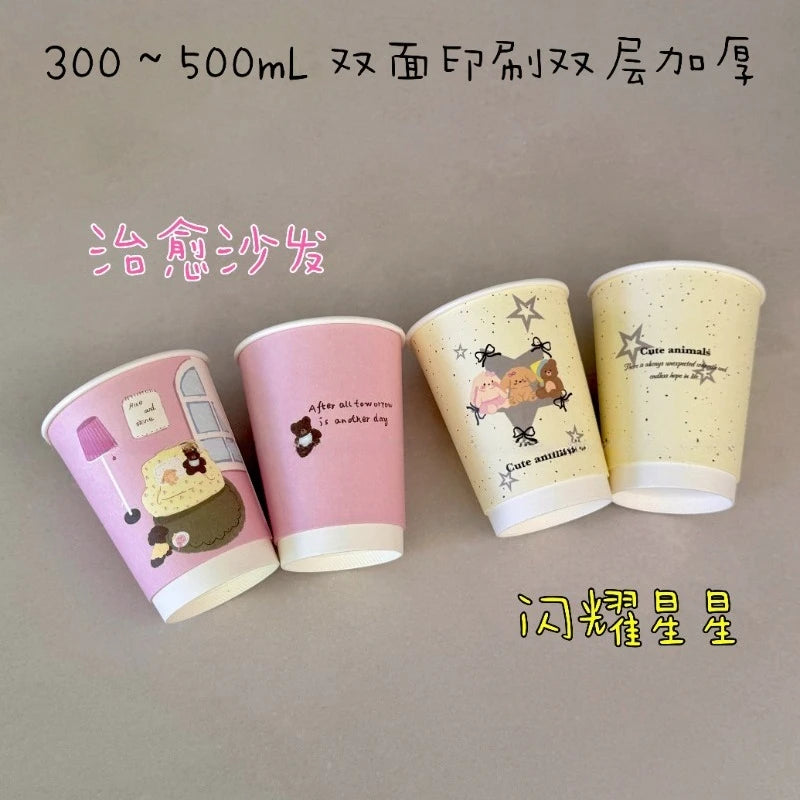 25pcs Pink Disposable Double-layer Thick Paper Cups Coffee Milk Tea Cartoon Printed Paper Cup Yellow Star Hot Drink Takeout Mug