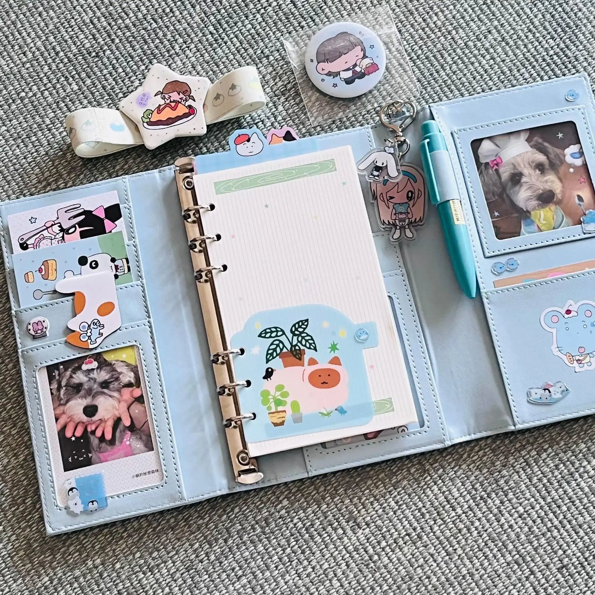 A6 Blue Three-Fold Loose-leaf Notebook PU Binder Photocards Collect Book Diary Agenda Planner Cover Stationery