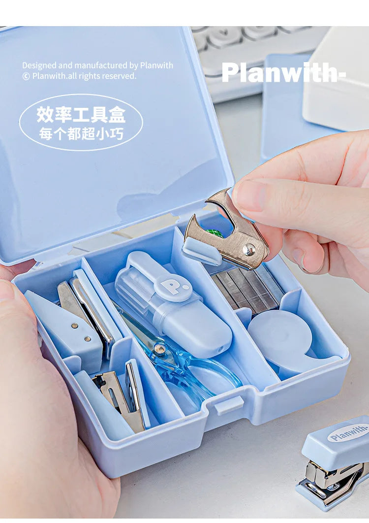 1 Cute Gift Stapler Set White/Blue Children's Novel Handicraft Tool Set Small Home Office Stationery  Children's Travel Bag