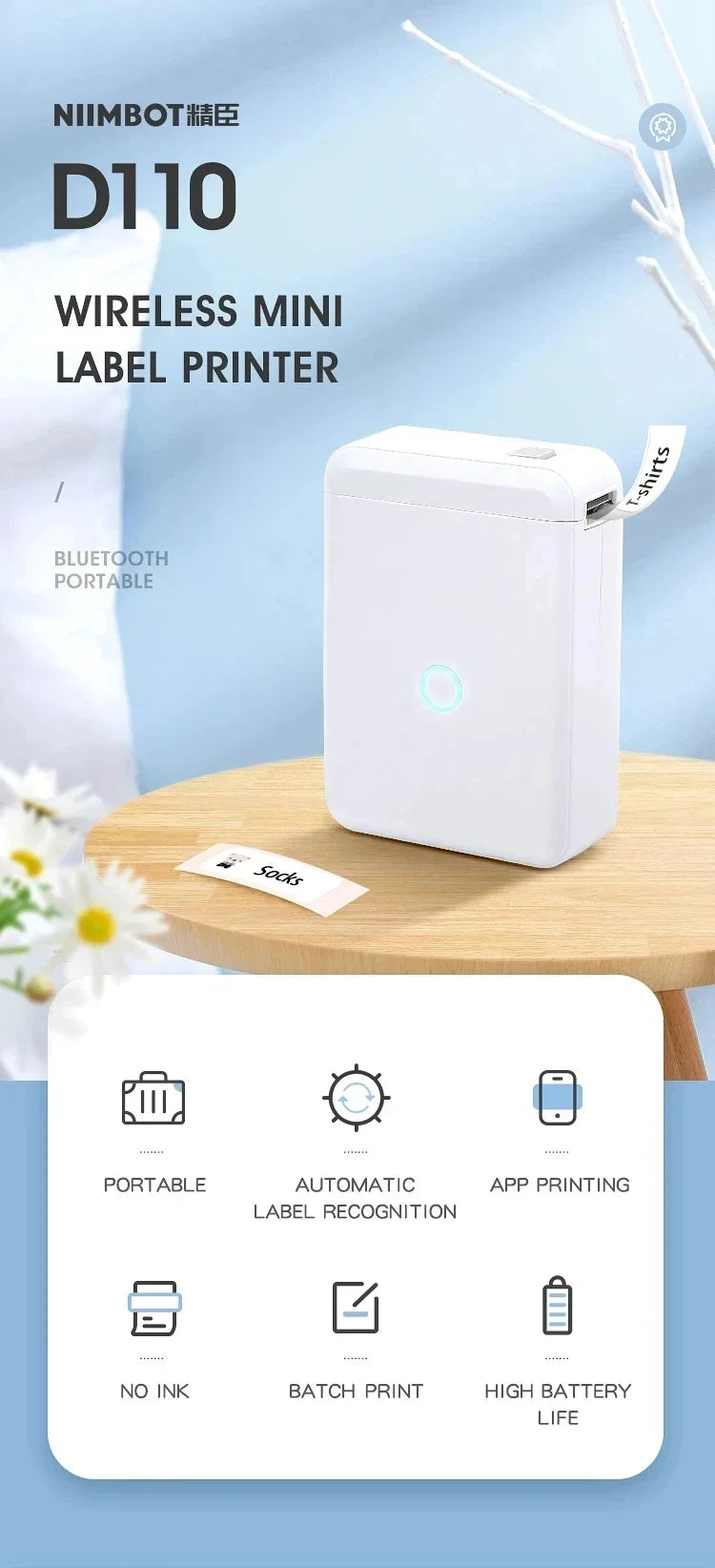 Niimbot D110 Portable Mini Printer Thermal Adhesive Sticker Label Printer Inkless Pocket Label Maker UV Printer For Mobile Label