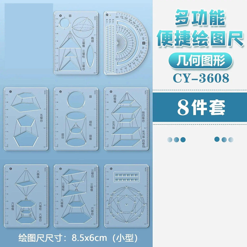 8pcs/set Multi functional geometric ruler, student drawing ruler, mathematical drawing design template