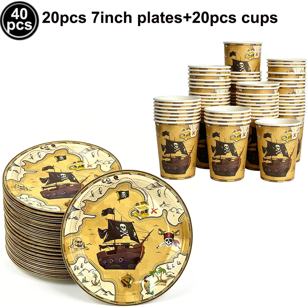 Pirate Party Paper Plate Cup Napkin Party Tableware Pirate Party Decor Pirate Ship Bone Dinnerware Supplies for Adult Kids Decor