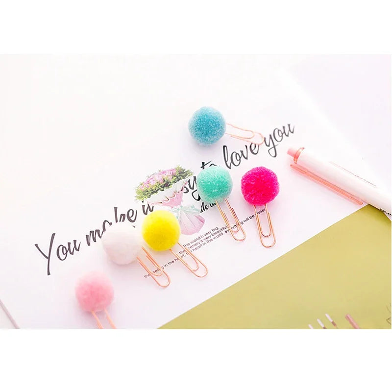 12Pcs/lot Kawaii Small Fresh Colored Hair Ball Paper Clip Decorative Candy Color Creative Bookmark Paper Clip