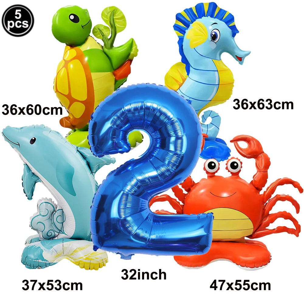 Ocean Animals Theme Disposable Tableware Plates Napkins Cup Paper Straws Whale Turtle Balloon Under The Sea Birthday Party Decor