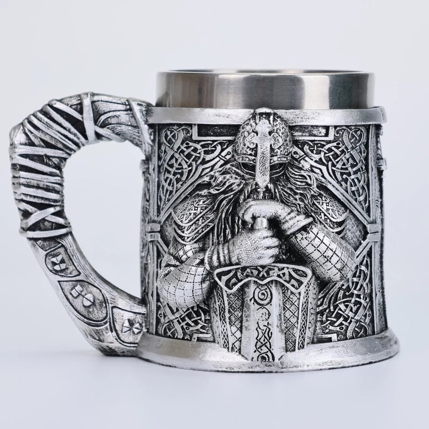 Valhalla Viking Stainless Steel Nordic Viking Barrel Dragon Boat Warrior Horn Skull Beer Mug Tankard Stein Cup 400 ML