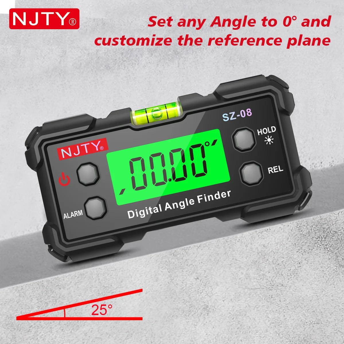 NJTY Digital Protractor Angle Finder Gauge Backlit Flip Screen Magnetic Inclinometer with Absolute REL Mode Measuring Tool