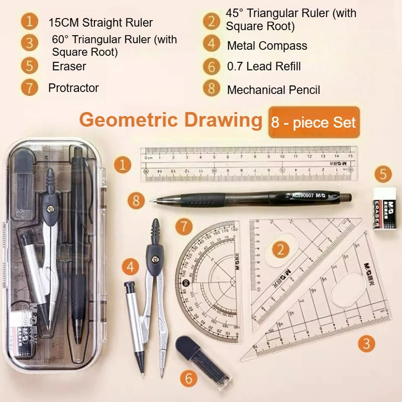 M&G Exam Ruler Set with Square Root Straight Ruler Protractor and Compass with Pen - Holding Design Refillable Type ACS90808