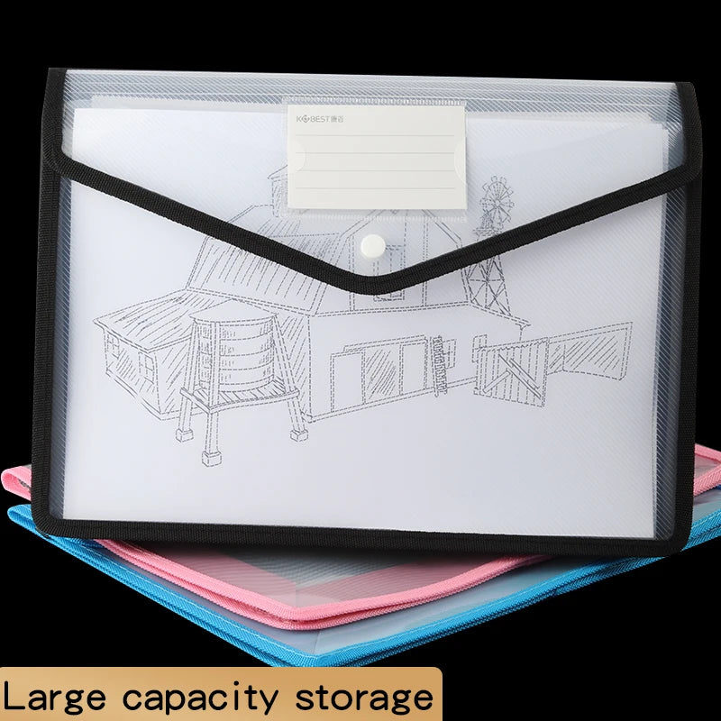 1Pcs Transparent A4 Waterproof File Folder with Press Button Plastic Document Bag for Data Storage Office Supplies