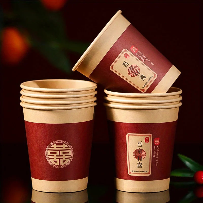 50pcs, Disposable Xi Character Cup, Bridal Party Wedding Paper Cup, Red Xi Character Paper Cup, Wedding Tea Ceremony Paper Cup
