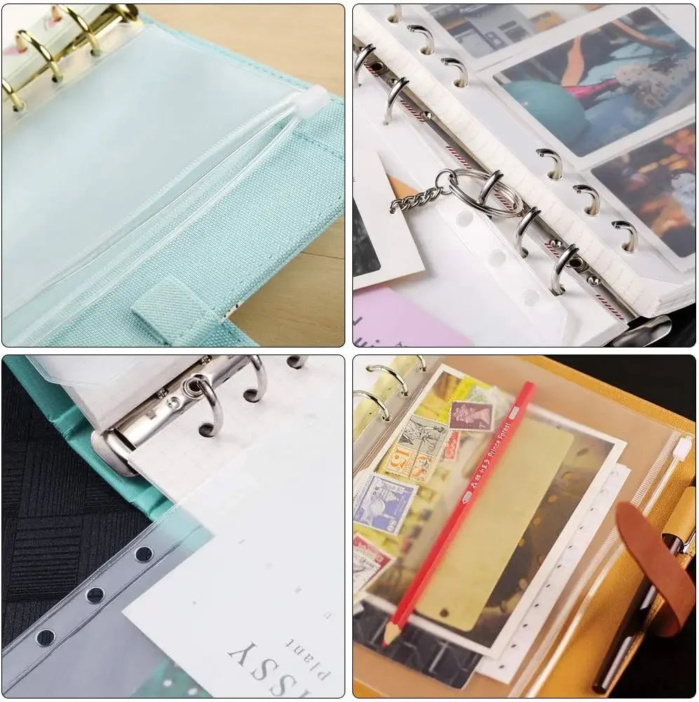 A6 6-Hole Binder Pockets Waterproof PVC Cash Budget Envelopes Zipper Binder Pouches for Notebook Planner Journey Binders