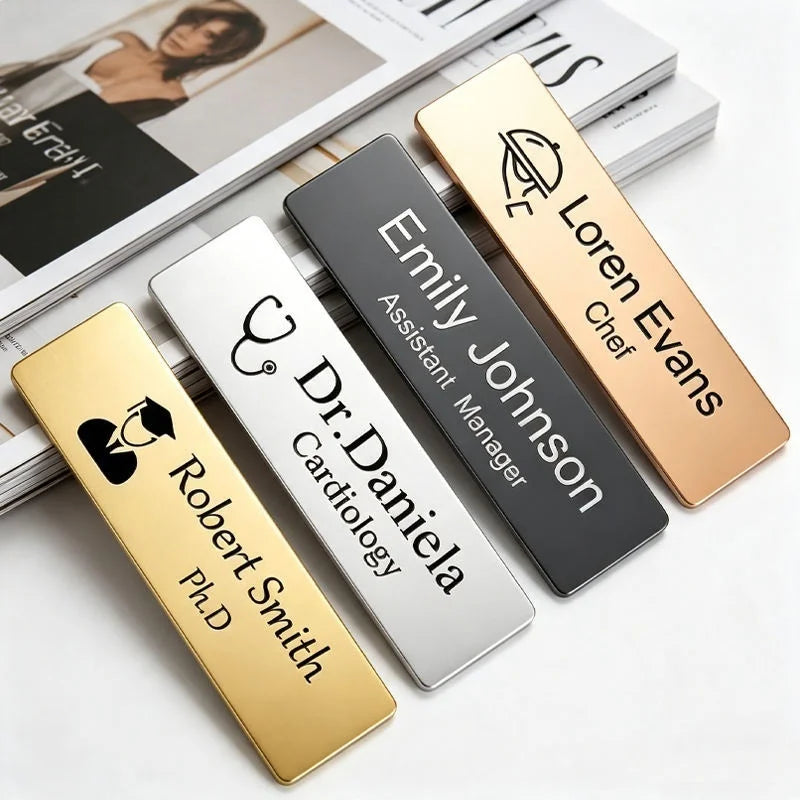 Custom Metal Name Badge Brushed Gold Silver Rectangular Staff Nameplate Free Design Personalized Employee Work Badge No MOQ