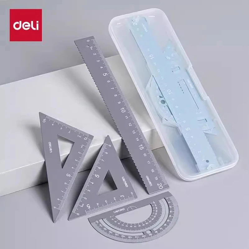 Deli 4Pcs Metal Ruler Set Multifunctional Straight Triangle Ruler Protractor Math Geometry Kit for School Kids Drawing Measuring