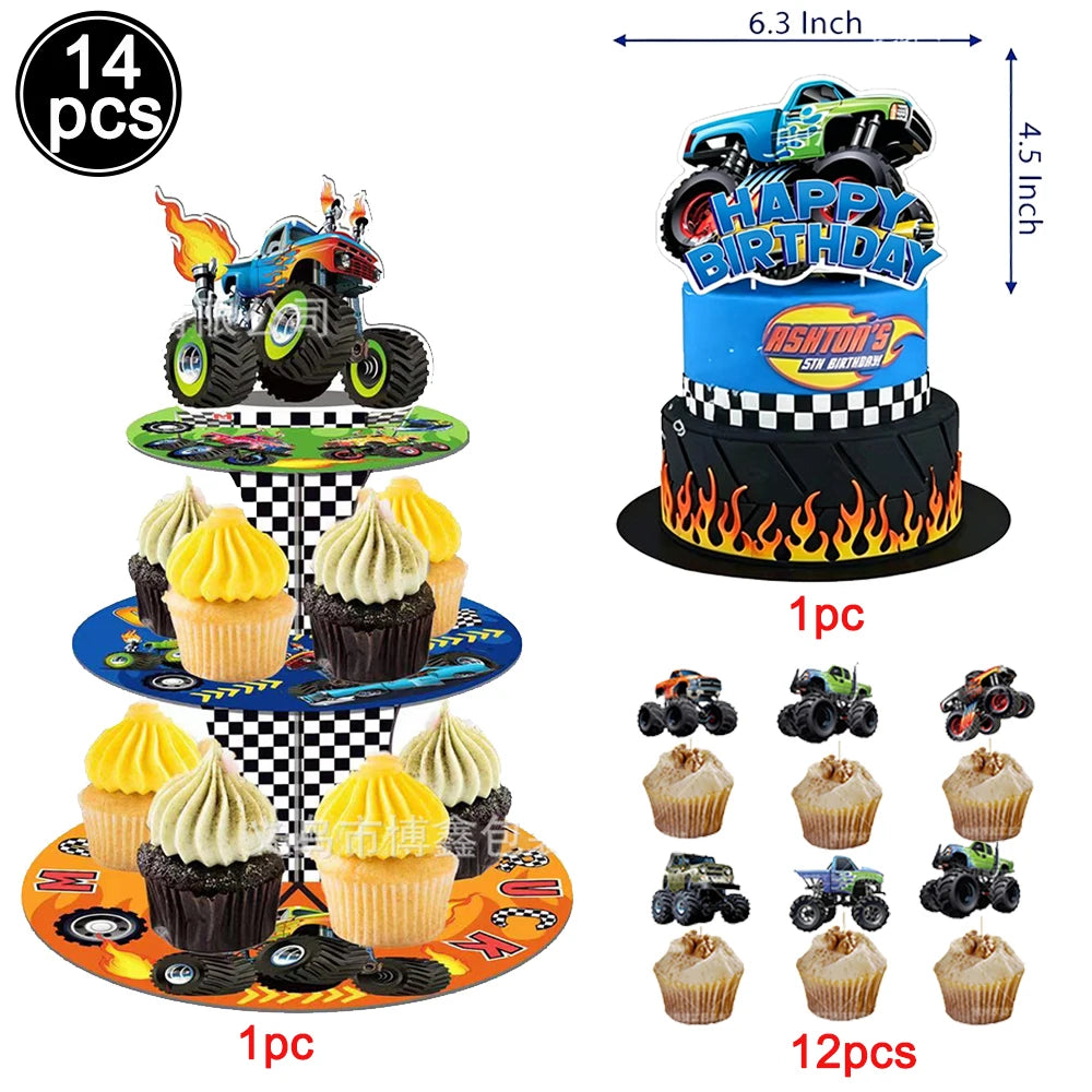 Monster Truck Party Supplies Disposable Tableware Plates Napkin Banner Tablecloth for Kids Boys 2nd Birthday Party Decorations