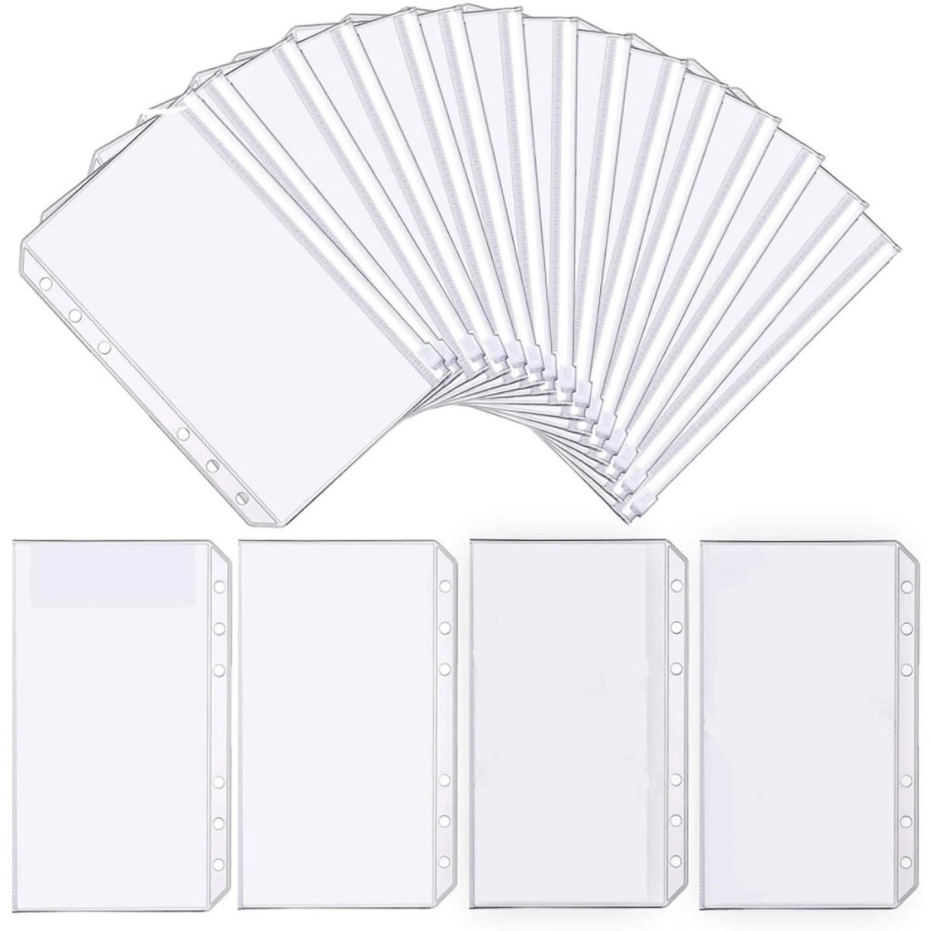12Pcs A6 Binder Pockets Transparent PVC 6-Hole Binder Pockets Zip Folder Plastic Money Budget Envelopes