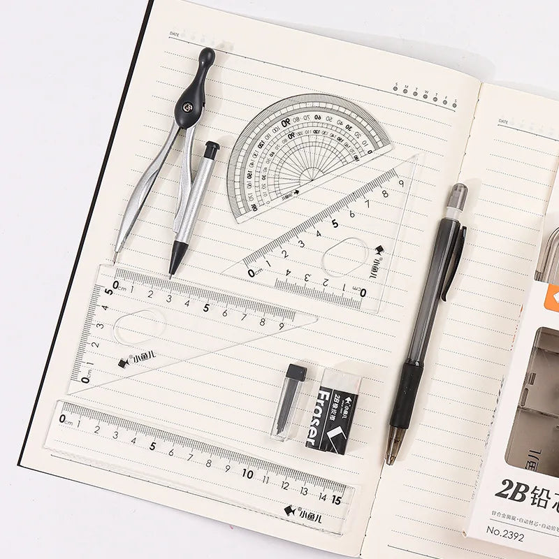 8-Pcs Math Geometry Drawing Tools Set with Stationery Box Circle Gauge Compass Ruler Student Supplies
