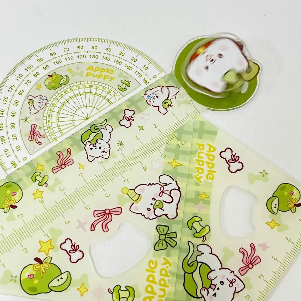 4pcs New Acrylic Ruler Set Red Kitten/Green Puppy Measurement Drawing Stationery Set Square Protractor Gift