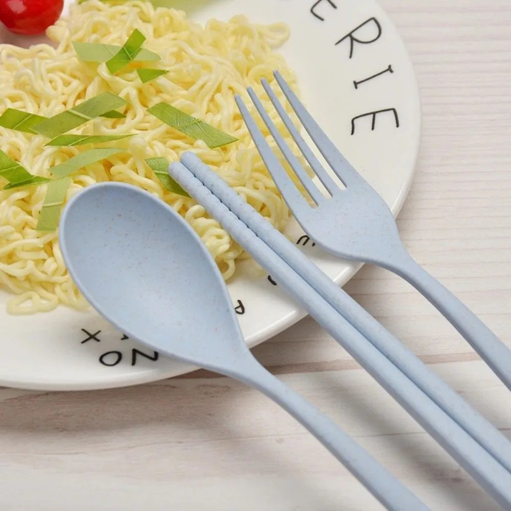New Plastic Cutlery Set With Storage Box Simplicity Fork And Chopsticks Set Portable Wheat Straw Tableware