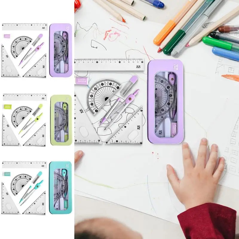 7PCS Stainless Steel Compass Set Math Geometry Tools with Eraser Ruler Student Carpenter Drafting Drawing School Supplies