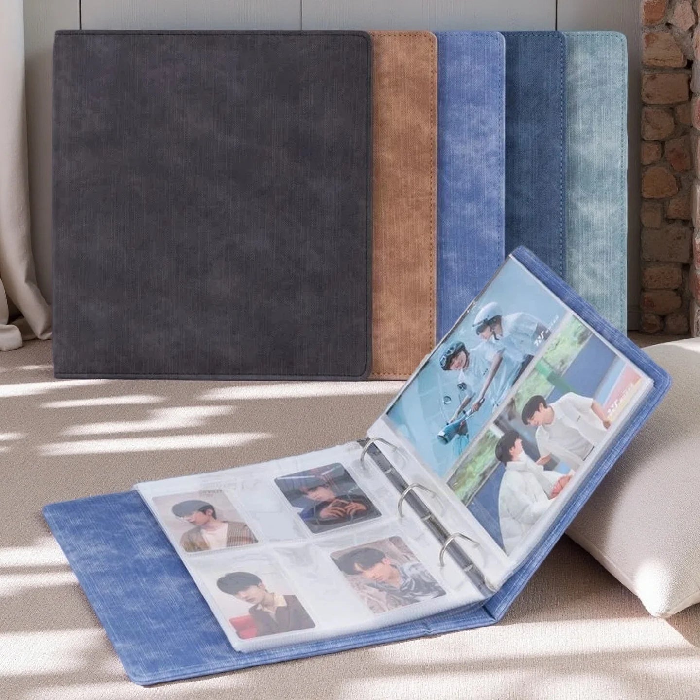 A5 Denim-Style D-Ring 3-Ring Binder – Expandable 80-100 Pages, PU Leather Photo/Card Organizer with Multi-Pocket PP Inserts