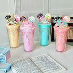 450ml Fashion Cartoon Ice Cream Straw Cup Adorable Plastic Bear Drinking Cup With Lid Milk Tea Cup For Women Girls Outdoor Home