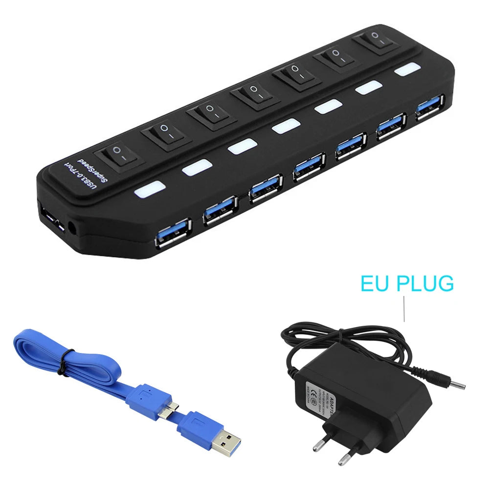 USB 3.0 HUB Multi USB Splitter 4/7 Port Expander High Speed USB 3.0 Hab with Power Adapter USB 3.0 Hub with Switch for Laptop PC