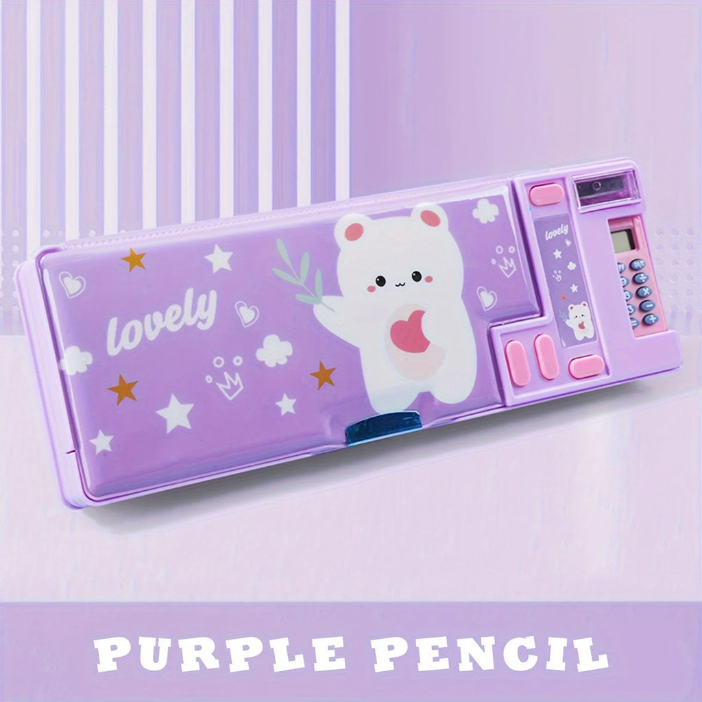 Kids Multifunctional Pencil Case with Calculator, Desk Organizer for Pens, Pencils, Markers, Office Supplies, Pink and Purple De