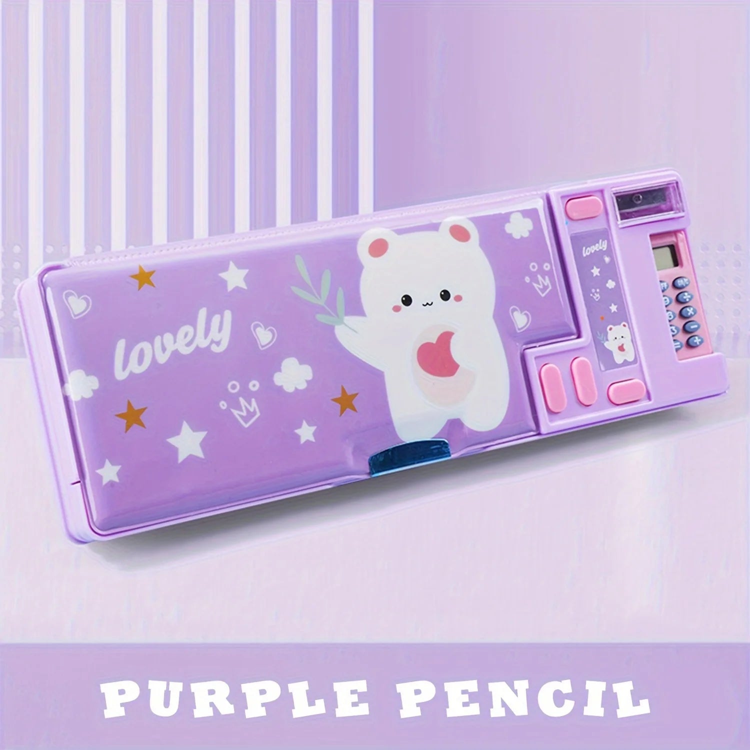 Kids Multifunctional Pencil Case with Calculator, Desk Organizer for Pens, Pencils, Markers, Office Supplies, Pink and Purple De