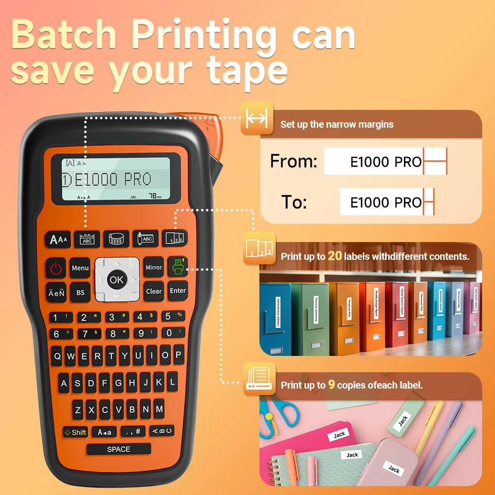 E1000 PRO Label Maker Printer TZ231 Label Maker Tape QWERTY Keyboard Symbols Industrial Printer Work with Heat Shrink Tubes
