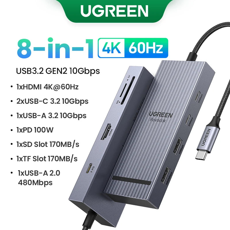 UGREEN 10Gbps USB C HUB 4K60Hz Type-C to HDMI RJ45 PD100W SD&TF USB Adapter for Macbook iPad Samsung Laptop Accessories Docking