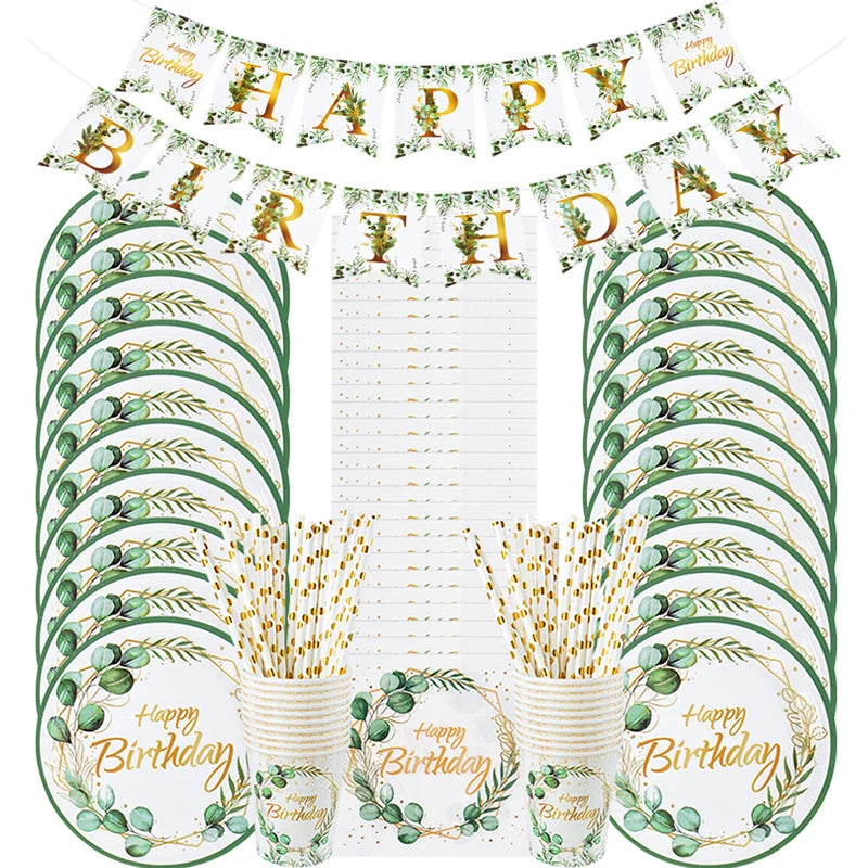 Green Eucalyptus Leaf Disposable Tableware Paper Plate Cup Napkin Banner Kids Adult Happy Birthday Birthday Party Decor Supplies